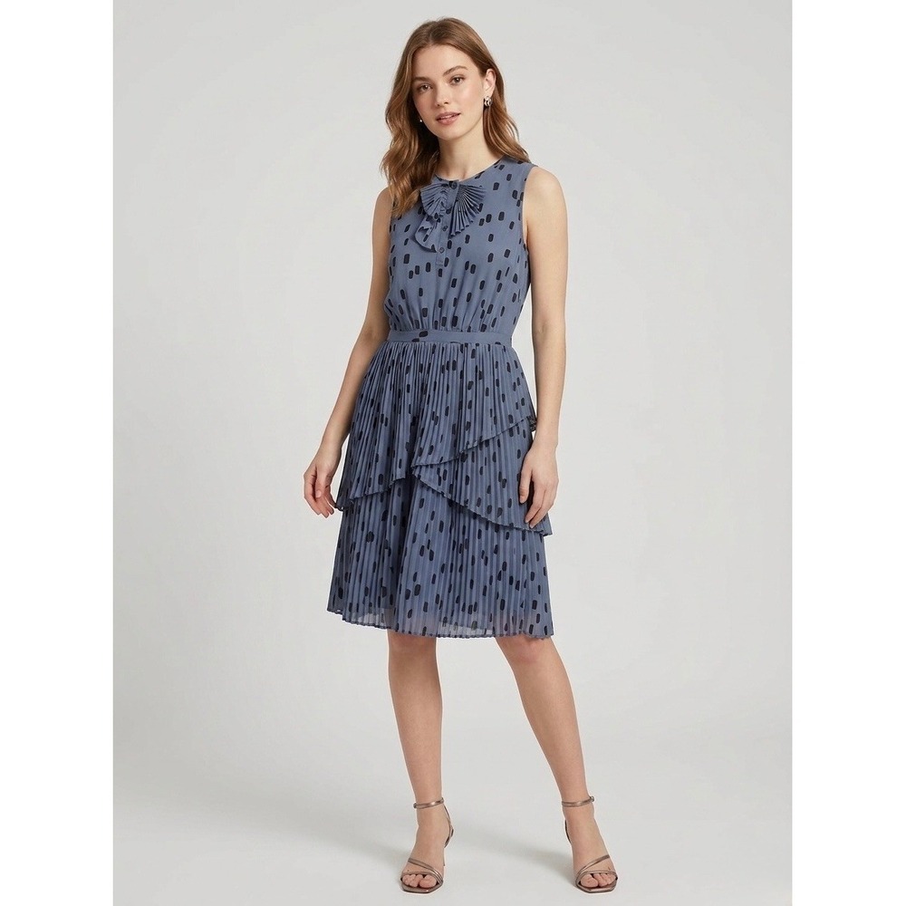 Banana Republic Pleated Tiered Dress Blue Black Dot Ruffle Neck Chiffon Petite 0